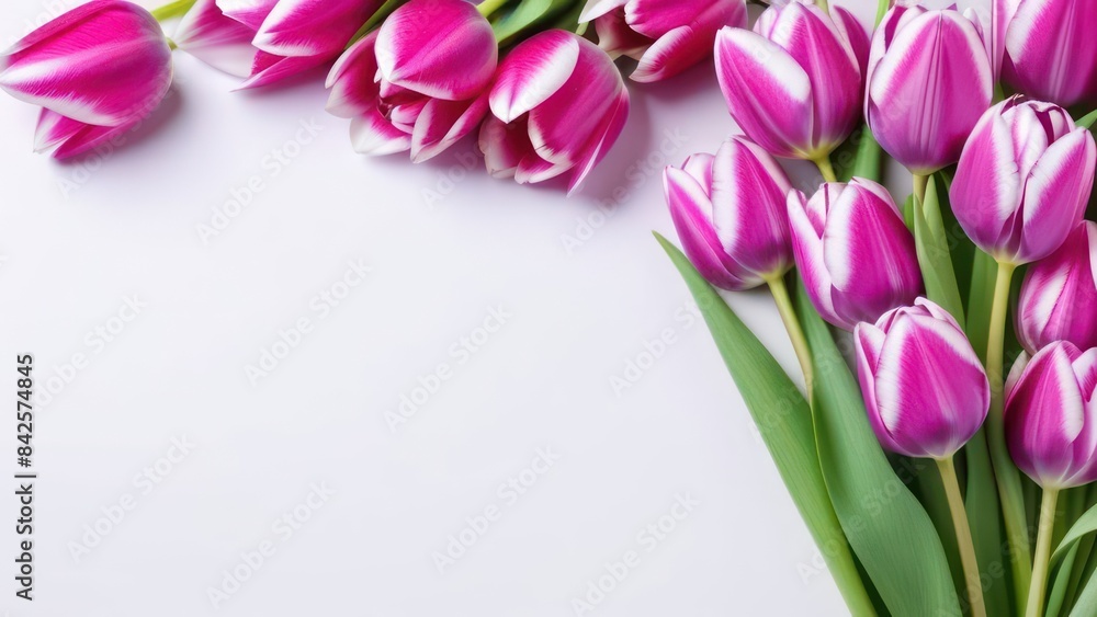 Purple pink tulip bouquet on white background. greeting card. Woman day concept. Copyspace for text. Purple pink tulip bouquet on white background. greeting card. Woman day concept. Copyspace for text.