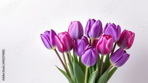 Purple pink tulip bouquet on white background. greeting card. Woman day concept. Copyspace for text.