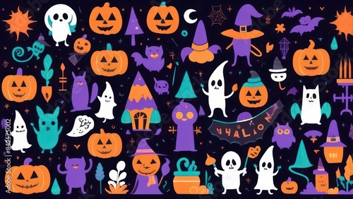 Pumpkins and bats on a dark background. Halloween holiday concept.