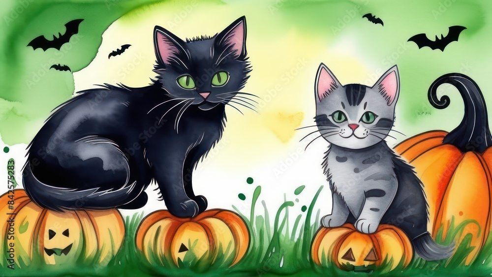 Halloween black cat, Jack o lantern pumpkin and grey kitten on green grass, Bright colorful Halloween image Halloween black cat, Jack o lantern pumpkin and grey kitten on green grass, Bright colorful Halloween image