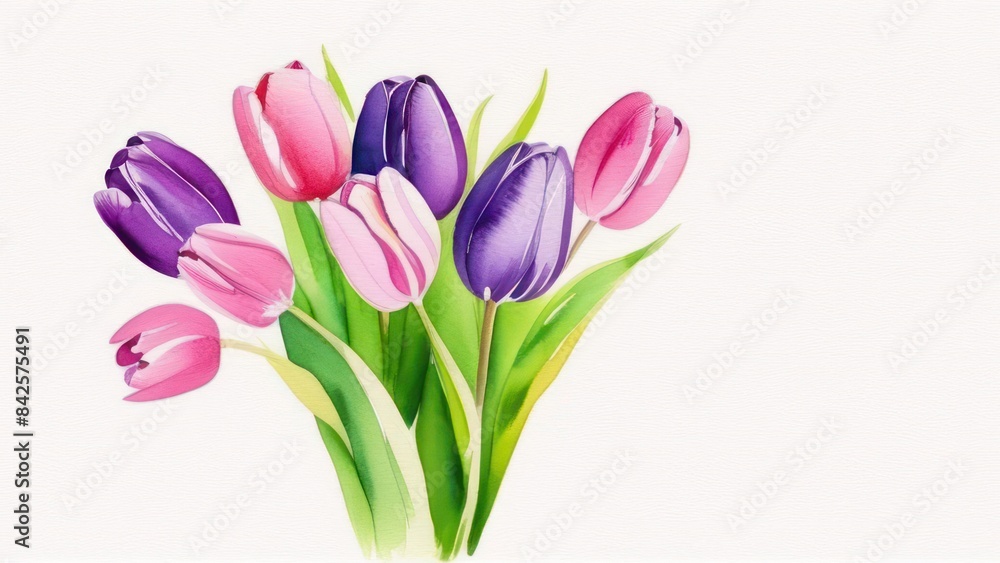 Purple pink tulip bouquet on white background. greeting card. Woman day concept. Copyspace for text. Purple pink tulip bouquet on white background. greeting card. Woman day concept. Copyspace for text.