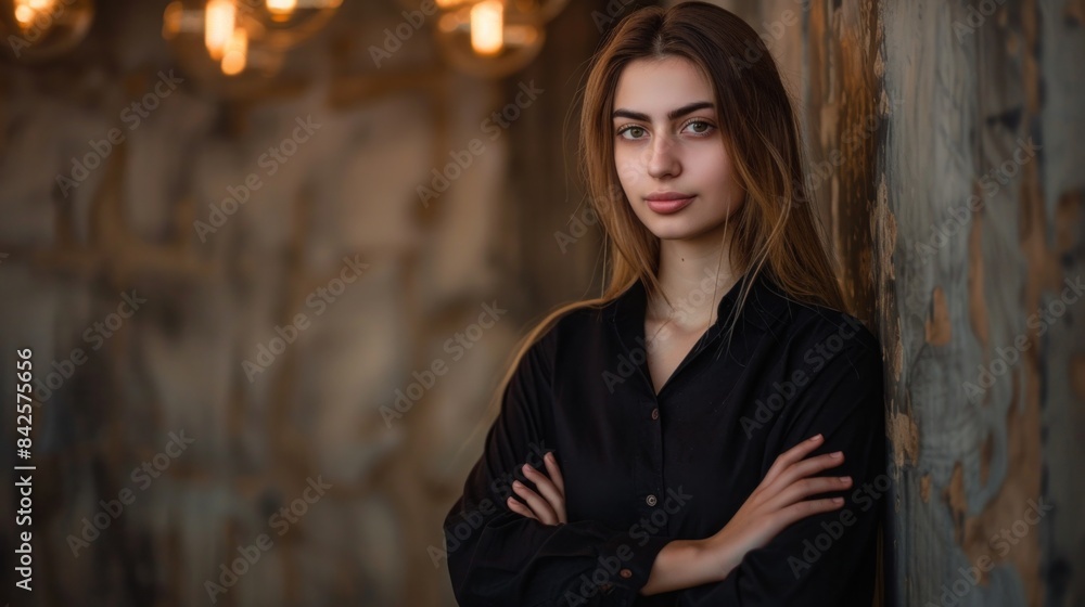 woman standing in a studio. woman standing in a studio.