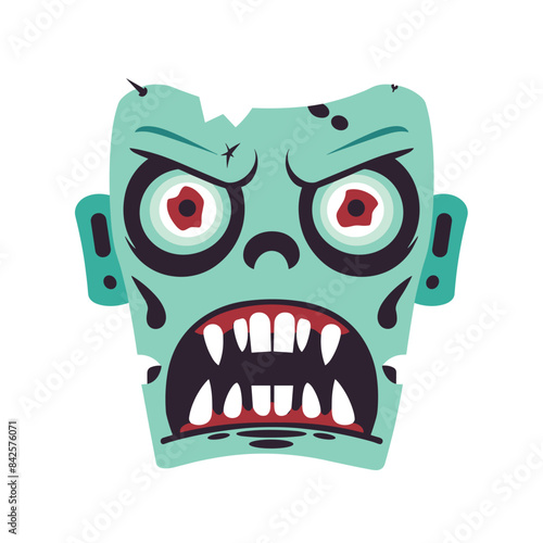 Cartoon zombie head expression showing fear surprise. Green skin monster face wide eyes open mouth. Halloween themed graphic isolated white background