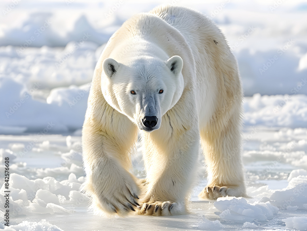 A massive polar bear stealthily hunting for prey under the snowy backdrop of the Arctic. A massive polar bear stealthily hunting for prey under the snowy backdrop of the Arctic.