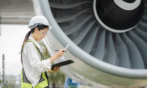 Woman engineer in white hardhat standing and holding tablet working aircraft maintenance mechanics moving through hangar.