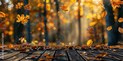  A wood table graces the foreground of a generative AI-created autumn scene, featuring golden leaves and a delicately blurred forest backdrop, ready for commercial use. photo