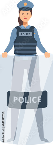 Policewoman holding transparent riot shield, protecting from attack during protest