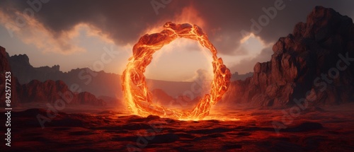A large rock archway with a fire burning through it. The fire is orange and the sky is a beautiful orange and pink color