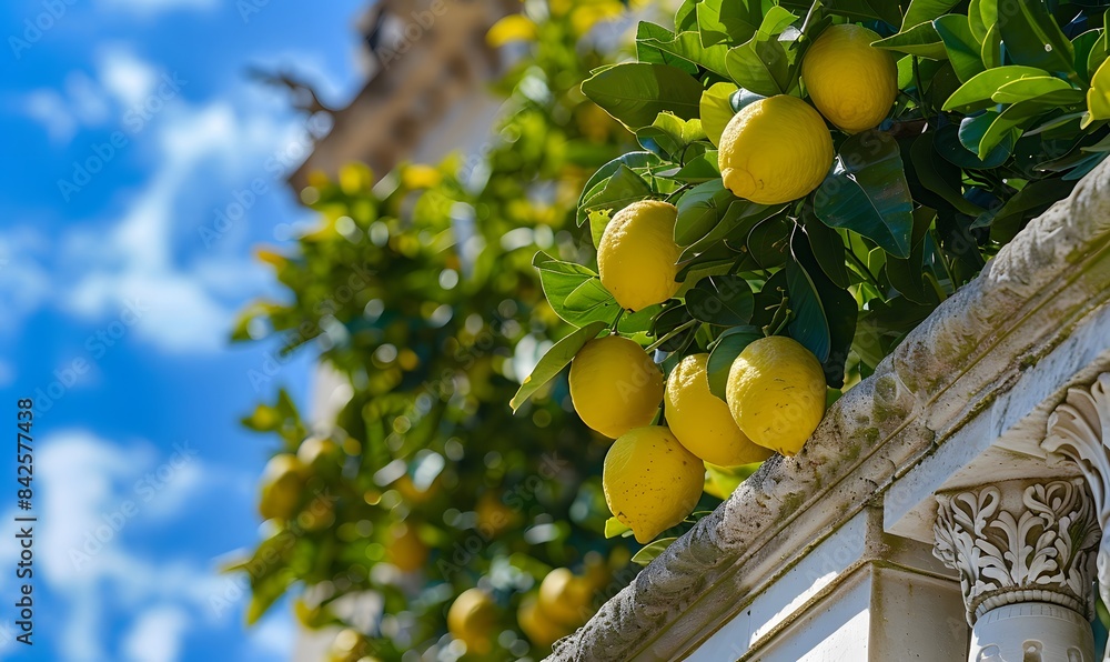 Lemons growing on an ornate white marble balcony, Generative AI Lemons growing on an ornate white marble balcony, Generative AI