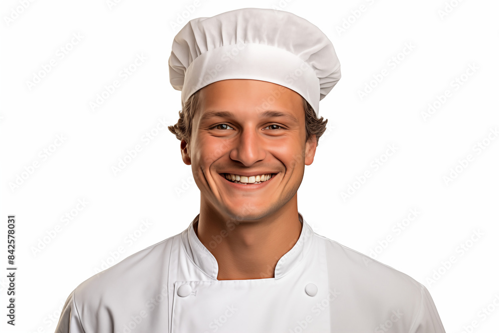 Smiling white man pastry chef on white background. Smiling white baker. Bakery professions. Bakery job offer. American pastry maker. Africa. Image for graphic designer. Image for flyers. French baker Smiling white man pastry chef on white background. Smiling white baker. Bakery professions. Bakery job offer. American pastry maker. Africa. Image for graphic designer. Image for flyers. French baker