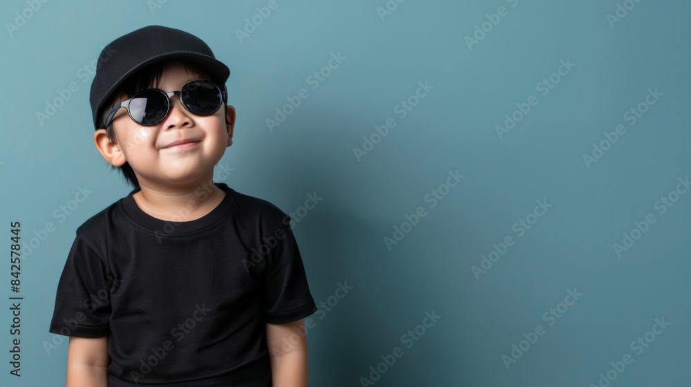A happy Asian boy in sunglasses and a black t-shirt poses against a blue backdrop A happy Asian boy in sunglasses and a black t-shirt poses against a blue backdrop