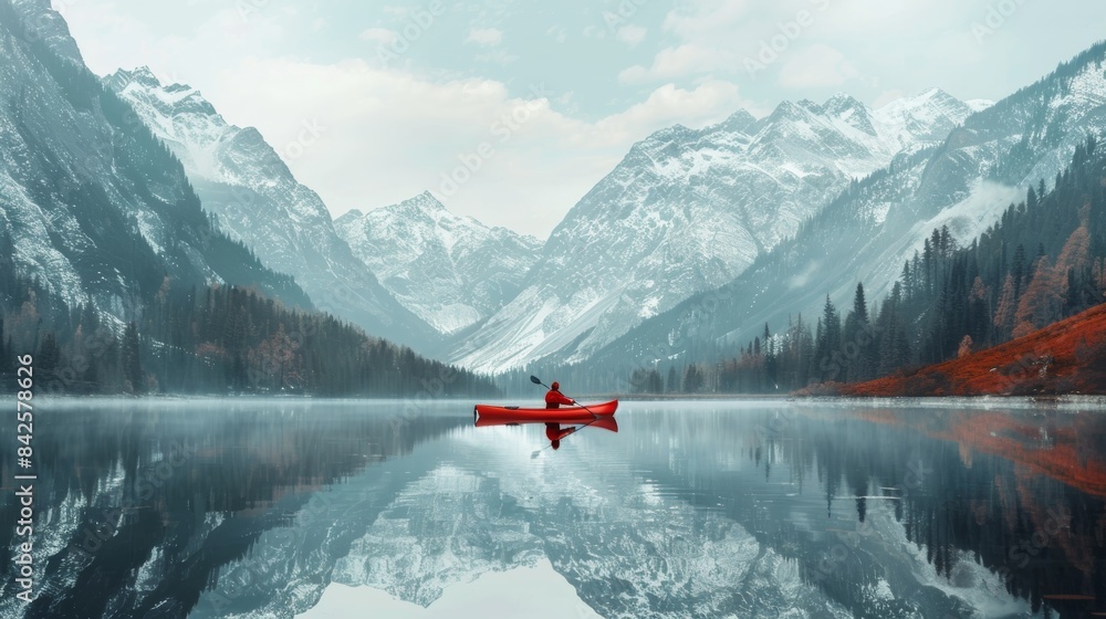 A double exposure photo of a person kayaking through a serene lake surrounded by snow-capped mountains, with the reflection of the mountains mirrored in the calm water. A double exposure photo of a person kayaking through a serene lake surrounded by snow-capped mountains, with the reflection of the mountains mirrored in the calm water.