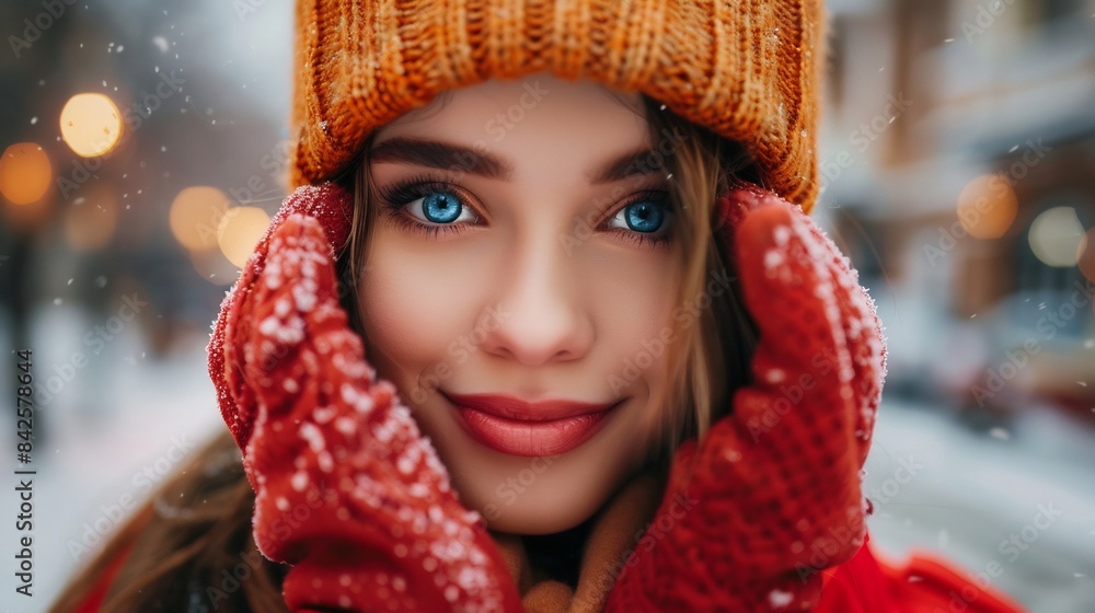Model wearing stylish winter beanie hat and gloves. Model wearing stylish winter beanie hat and gloves.