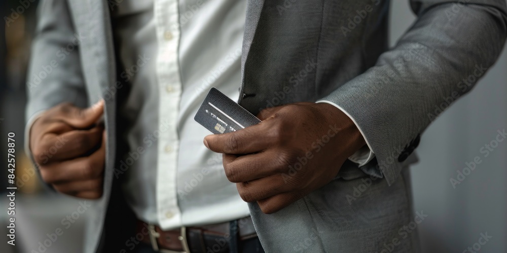 Obraz premium A man puts his platinum credit card into his pocket in a studio.