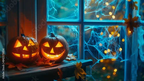  Evocative Halloween pumpkins with flickering candles sit on a wooden table, framed by a window festooned with lights and autumn leaves, inviting mystical tales. photo