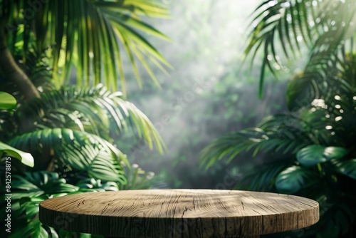 Wooden table podium floor outdoor tropical garden jungle blur green leaf plant nature background. Natural product placement pedestal stand display, jungle paradise concept. Generative ai