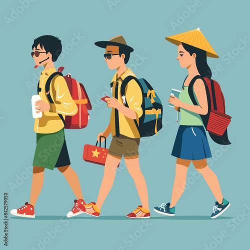 Three young Asian backpackers traveling together, wearing casual clothes, sunglasses, hats carrying bags, walk side side enjoying their journey, showcasing different traveling accessories styles