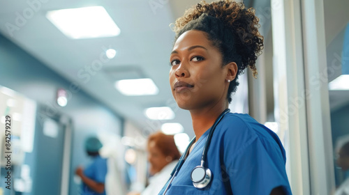A female nurse wearing a blue uniform stands in a hospital hallway, looking directly at the camera