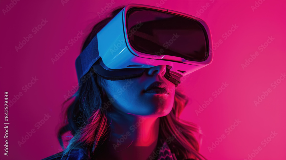 A woman wearing a virtual reality headset looks up with her eyes closed, illuminated by pink and blue lights A woman wearing a virtual reality headset looks up with her eyes closed, illuminated by pink and blue lights