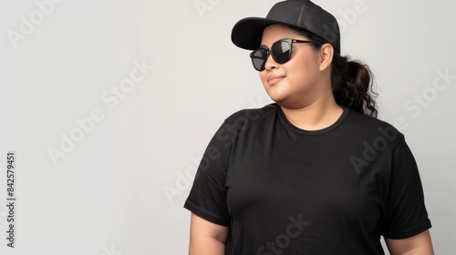 Woman in black t-shirt and sunglasses