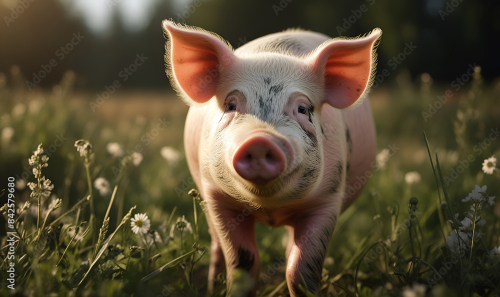 a young pig running around in the wild on the lawn. a young pig running around in the wild on the lawn.