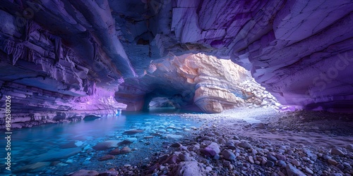 Mystical underground river flowing through a colorful cavern photo