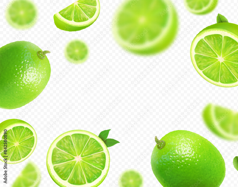 Lime background. Mojito citrus drink. Flying blurred green lime fruits isolated. Realistic 3d illustration. Lime background. Mojito citrus drink. Flying blurred green lime fruits isolated. Realistic 3d illustration.