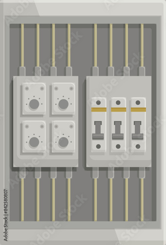 Gray electrical panel with circuit breakers and wires hanging from top and bottom