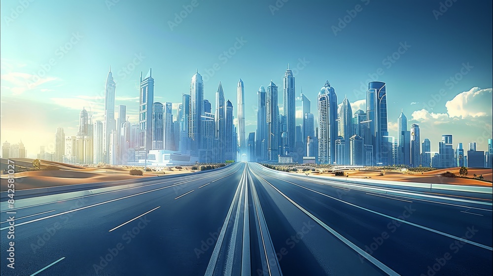 Obraz premium A futuristic cityscape with skyscrapers and modern road, representing the company's dynamic growth in technology. The sky is clear blue with sunlight casting long shadows on buildings. Generative AI.