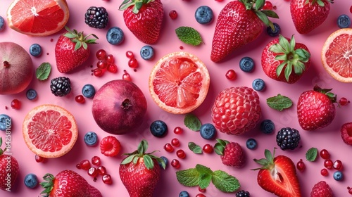 red fruits and berries on a pink background.