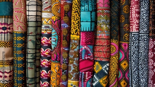 A traditional African fabrics with unique patterns, bright colors, and intricate details