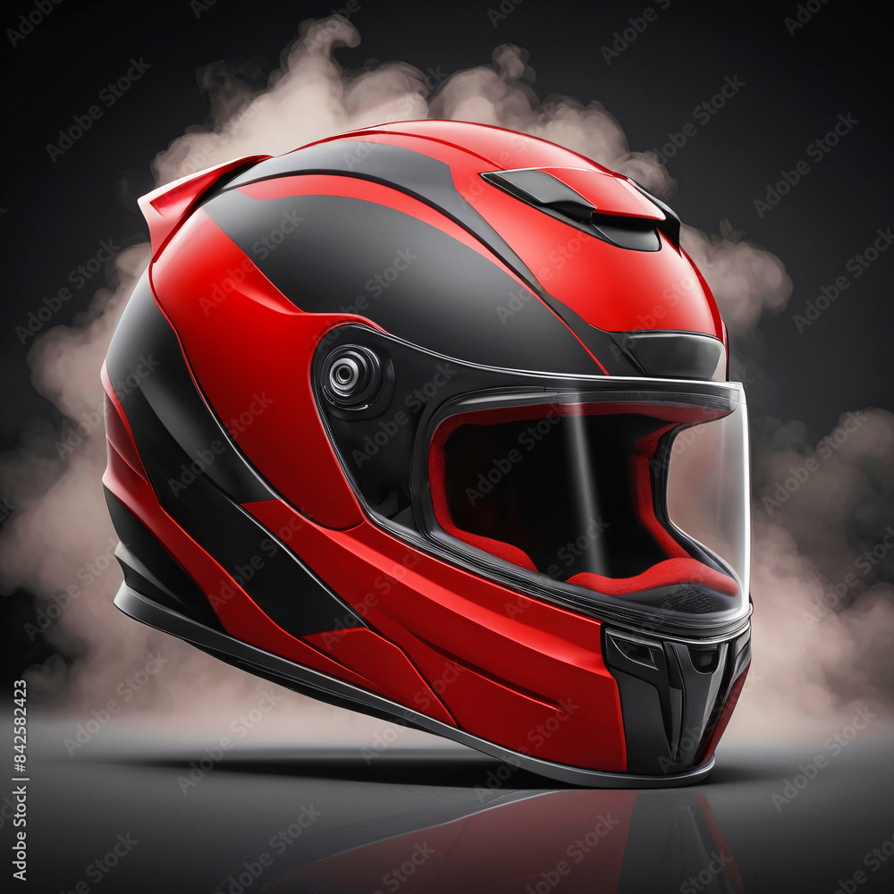 Fototapeta premium Red And Black Ventilated Motorcycle Full Face Racing Helmet On A Dark Isolated Background Surrounded By Smoke 300 PPI high resolution Product Photography Style