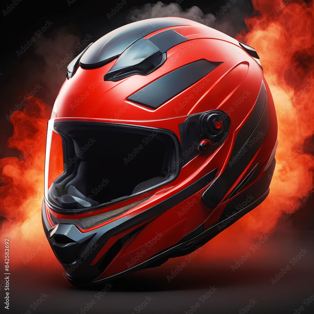 Fototapeta premium Red And Black Ventilated Motorcycle Full Face Racing Helmet On A Dark Isolated Background Surrounded By Smoke 300 PPI high resolution Product Photography Style
