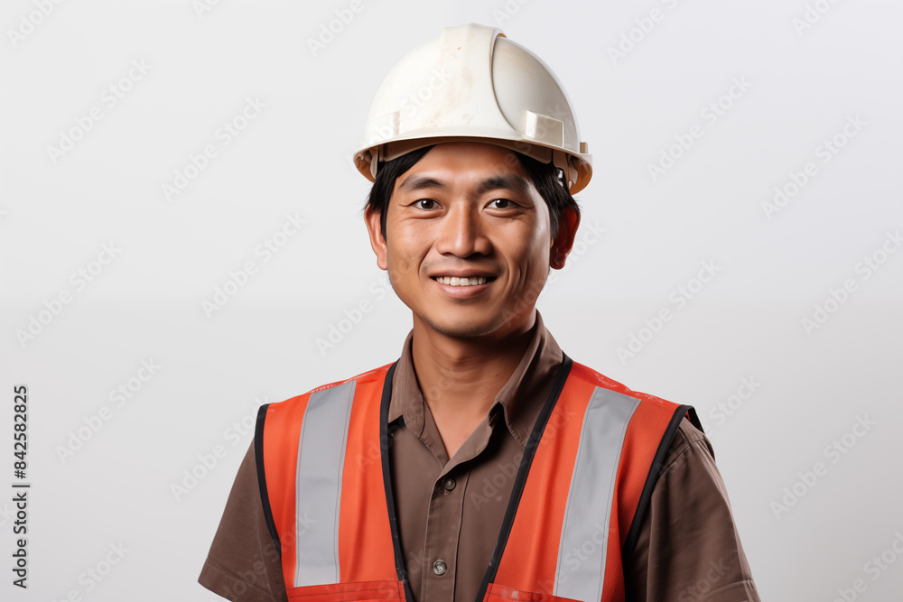 Smiling asian men bricklayer in work clothes on a white background. Mason at work. Job. Asian bricklayer. Image for graphic designer. Image for flyers. Construction company. AI	
