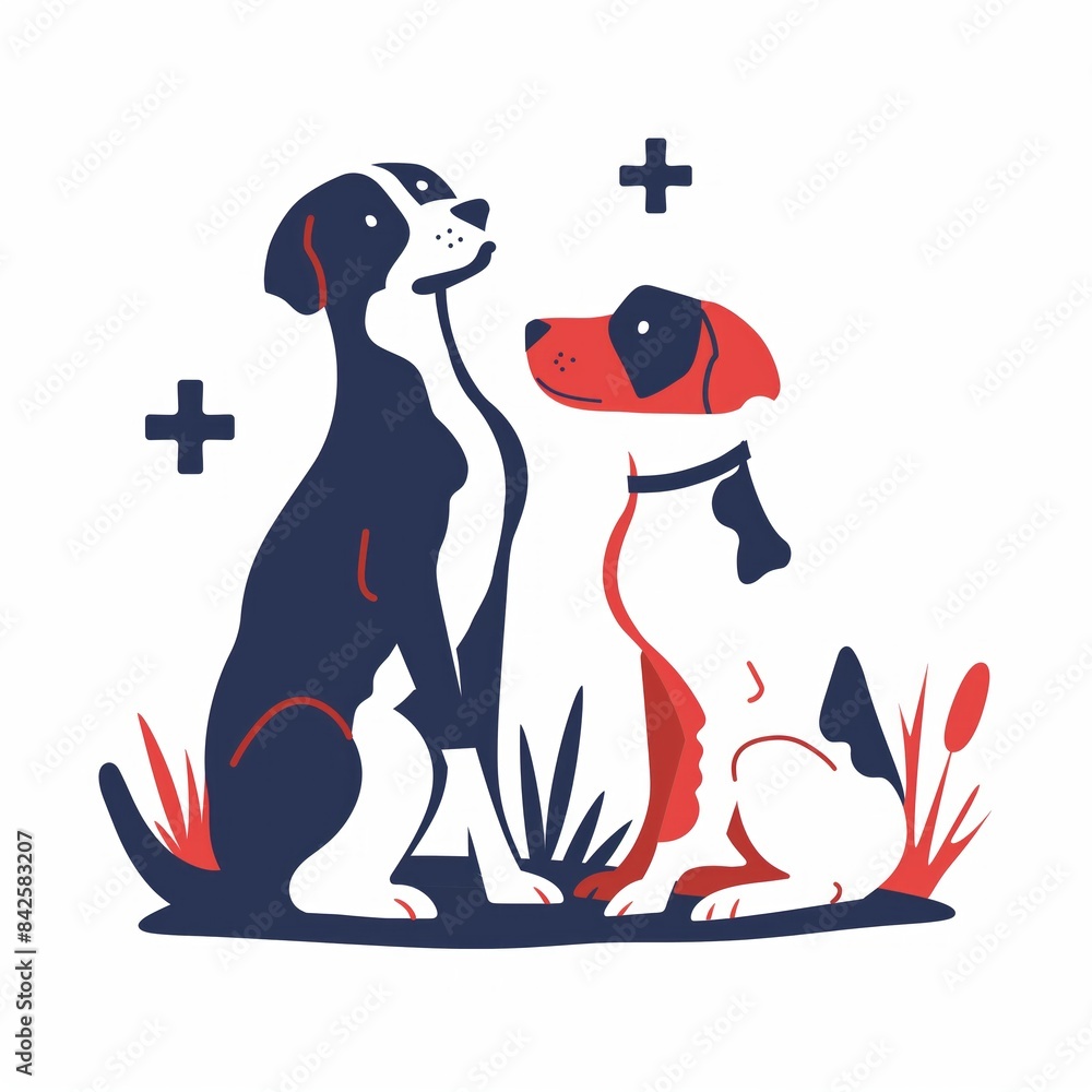 Playful dogs in a modern, stylized outdoor setting with vibrant two-tone color scheme. Playful dogs in a modern, stylized outdoor setting with vibrant two-tone color scheme.