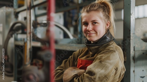 female welder posing confidently while working in an industrial plant or in a garage.