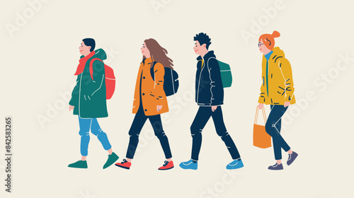 Four diverse young adults walking side side casual winter clothing. Multicultural group friends stroll cold weather attire laughing, chatting. Fashionable men women warm coats enjoying walk