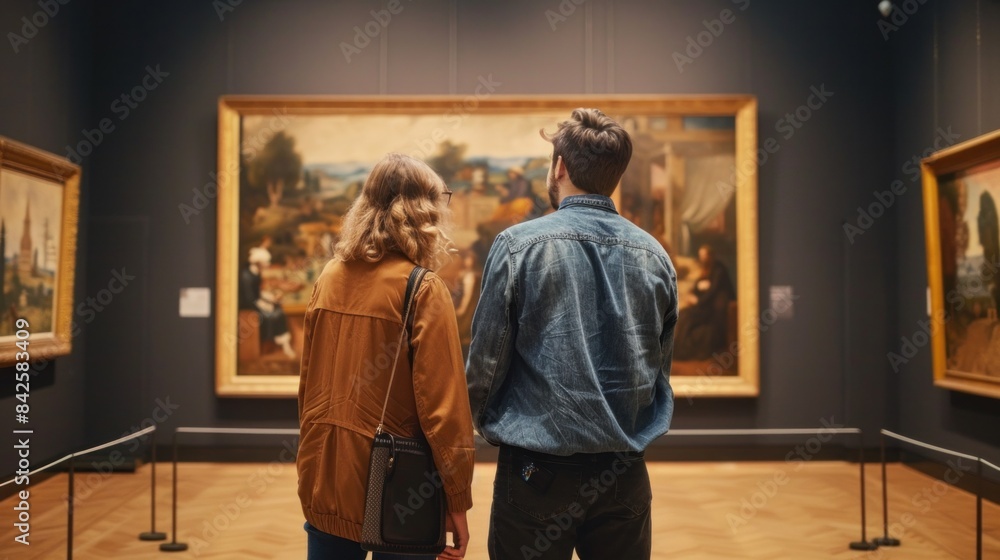 Two art gallery workers examining paintings in a museum exhibition. Two art gallery workers examining paintings in a museum exhibition.
