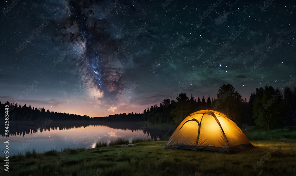 camping tent in nature against the background of forest and lake at night camping tent in nature against the background of forest and lake at night