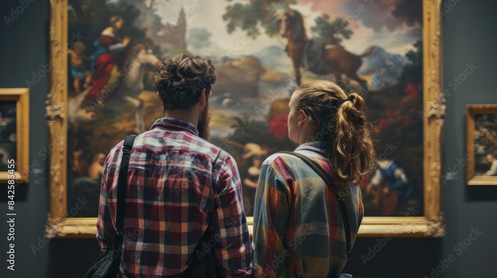 Obraz premium Two art gallery workers examining paintings in a museum exhibition.