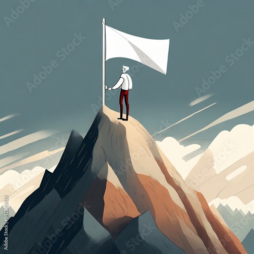 Achievement and success concept. Man on mountain top holding a blank flag. Modern digital illustration. AI generated image.