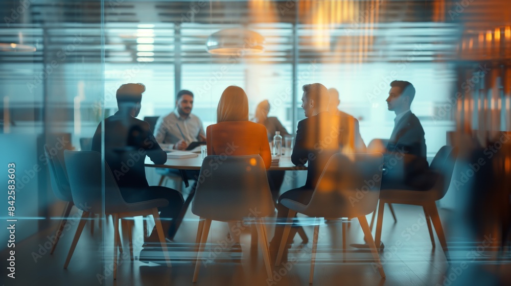 Cozy team meeting at a modern office blurred behind the glass Cozy team meeting at a modern office blurred behind the glass
