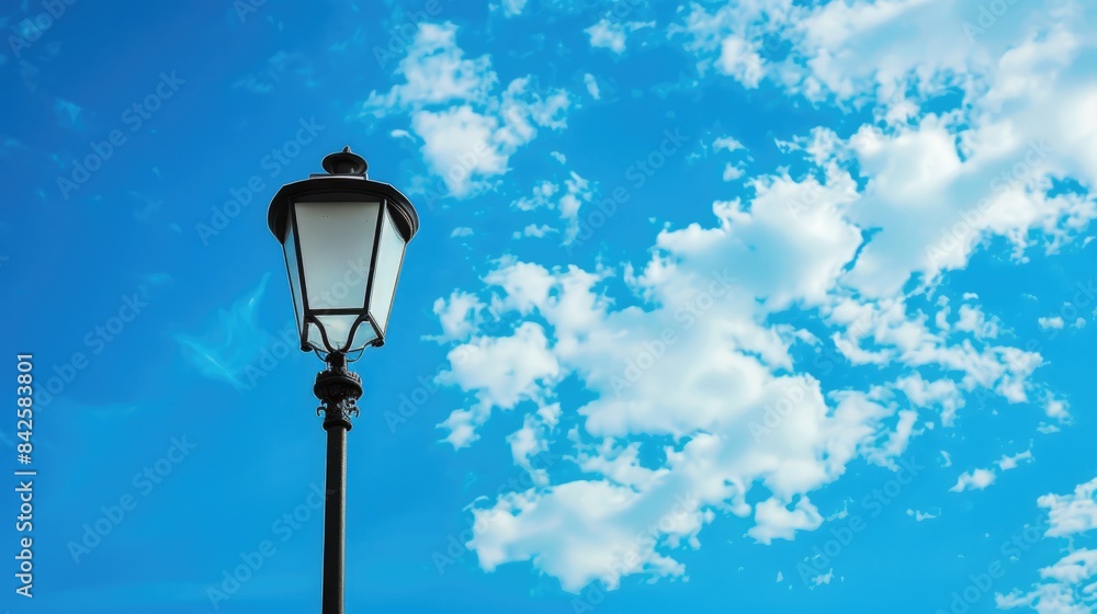 Standard black lamp set against a backdrop of a blue sky Standard black lamp set against a backdrop of a blue sky