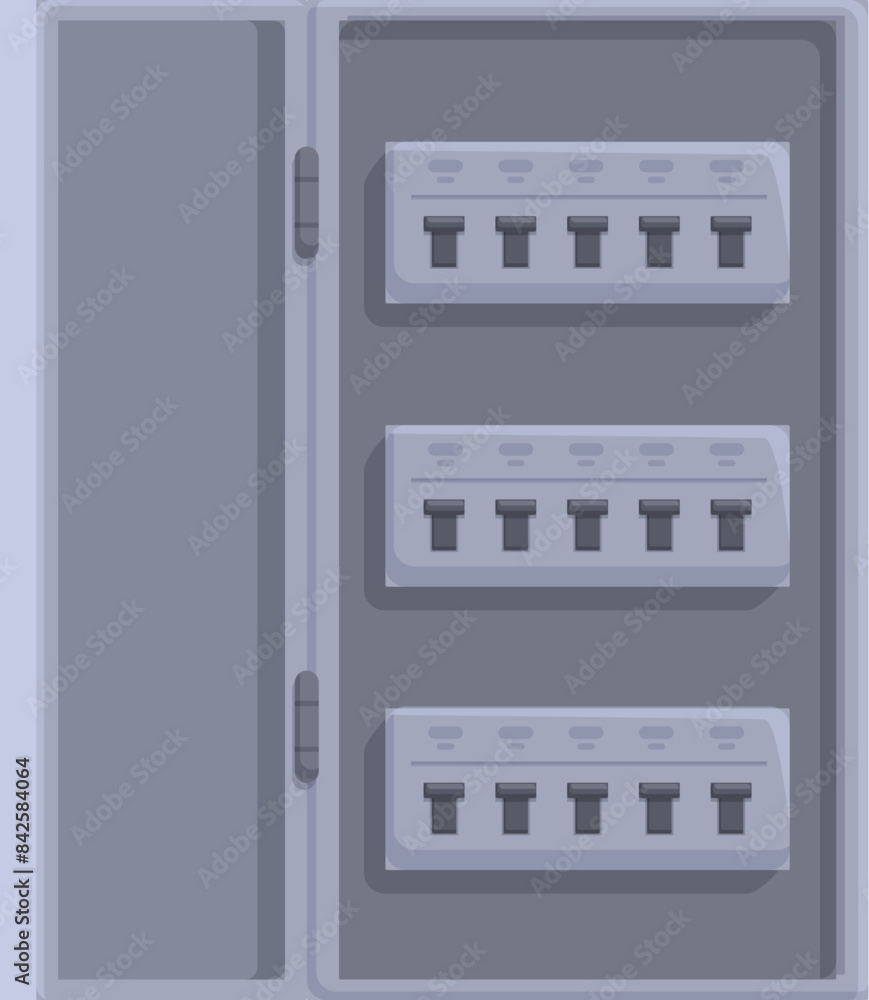 Grey metallic electrical switchboard containing circuit breakers is used to control and distribute electrical energy Grey metallic electrical switchboard containing circuit breakers is used to control and distribute electrical energy