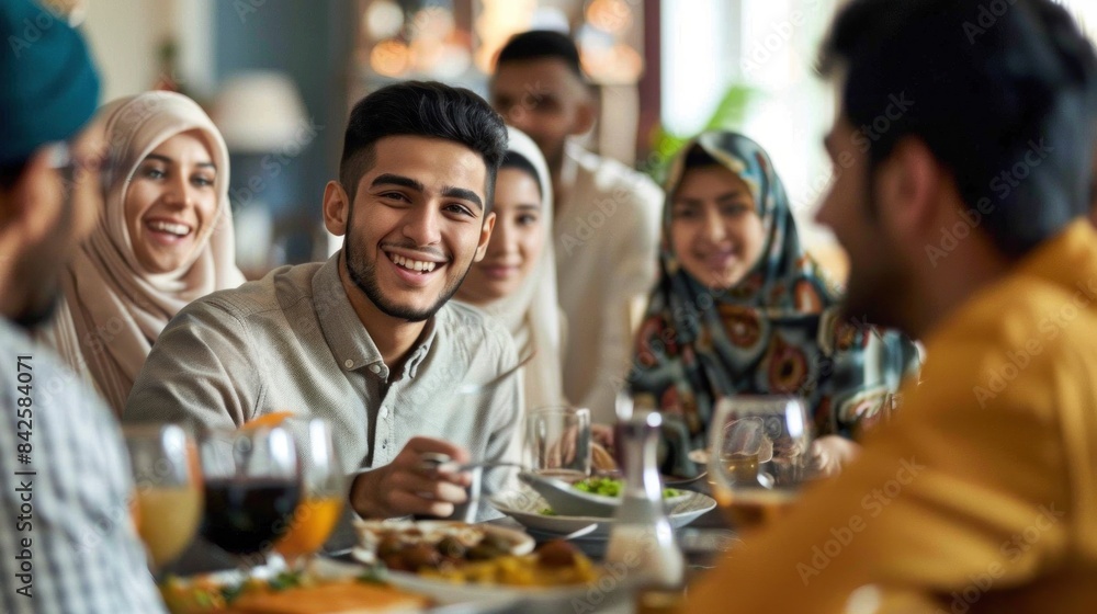 arabian man talking to cheerful multicultural muslim family during dinner. arabian man talking to cheerful multicultural muslim family during dinner.