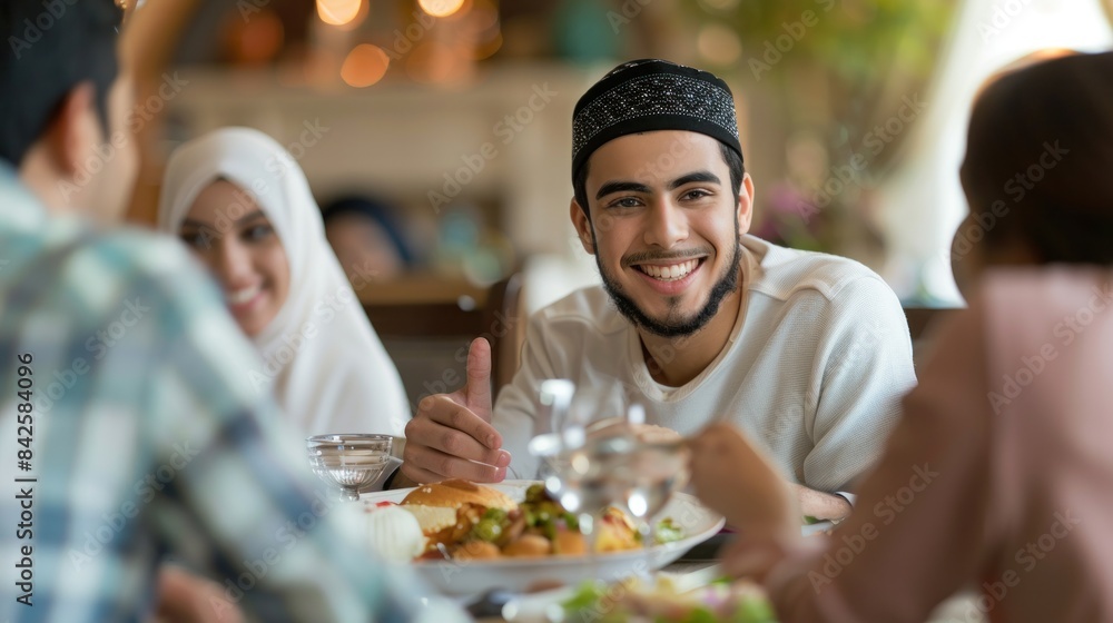 arabian man talking to cheerful multicultural muslim family during dinner.