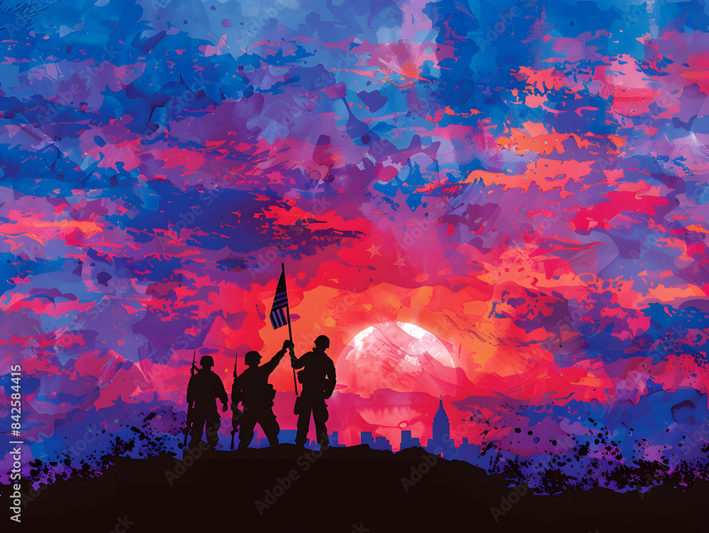 Fototapeta premium 4th of July Honor: Soldiers Silhouetted with American Flag