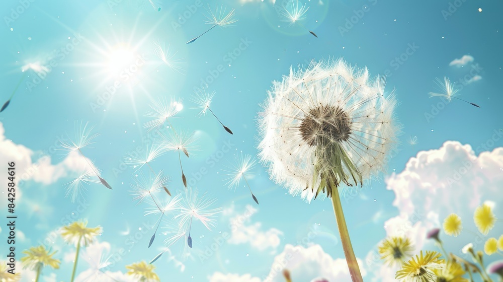 Beautiful puffy dandelion and flying seeds against blue sky on sunny day AI generated