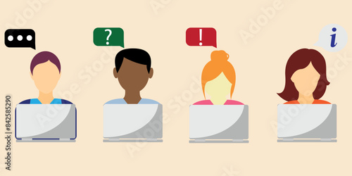 Four persons in front of laptops with different speech bubbles