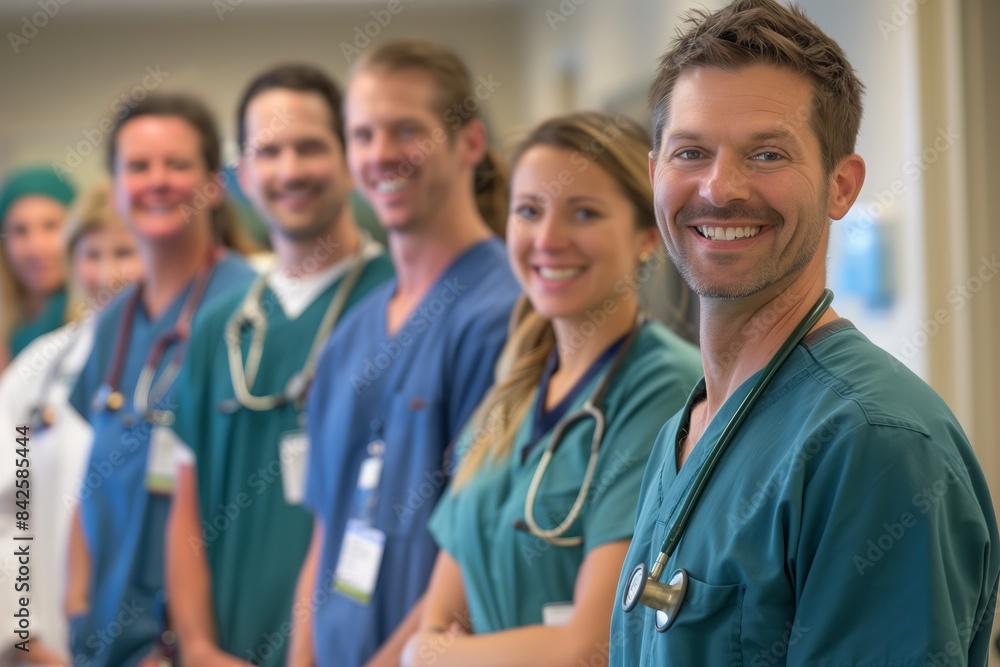 Smiling medical team in hospital corridor Smiling medical team in hospital corridor